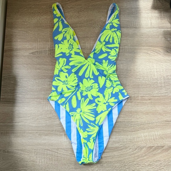 New Maaji Bluebell Stripe Kristi One Piece Swim Reversible Green Blue Small - Picture 6 of 17